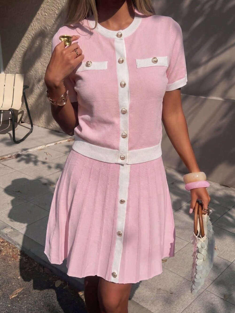 Pink And White Elegant Women's Y2k Colorblock Pleated Skirt Knit Set